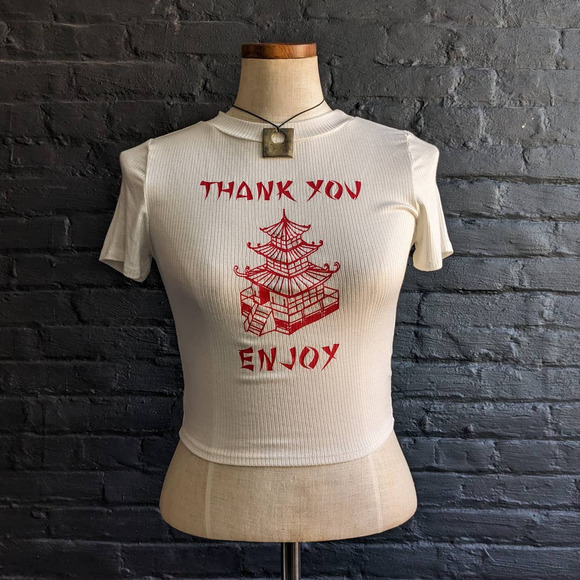 Urban Outfitters Tops - Y2K Retro White Ribbed Babydoll Bodycon Thank You Enjoy Asian Graphic Crop Top